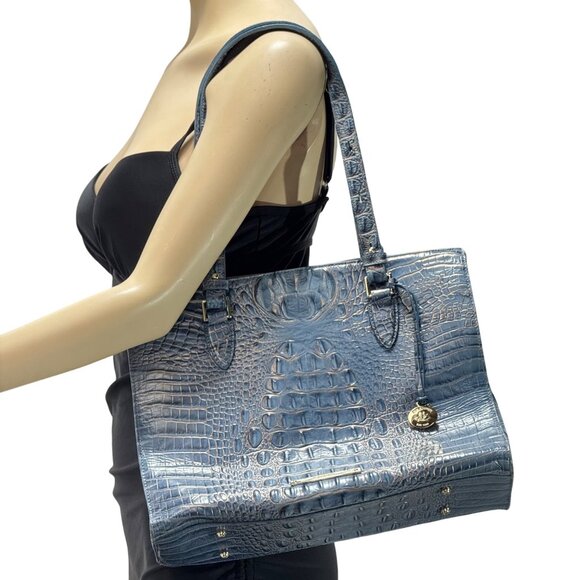 Brahmin Embossed Crocodile Blue Leather Women's Shoulder Bag With Gold Accents - Picture 12 of 12
